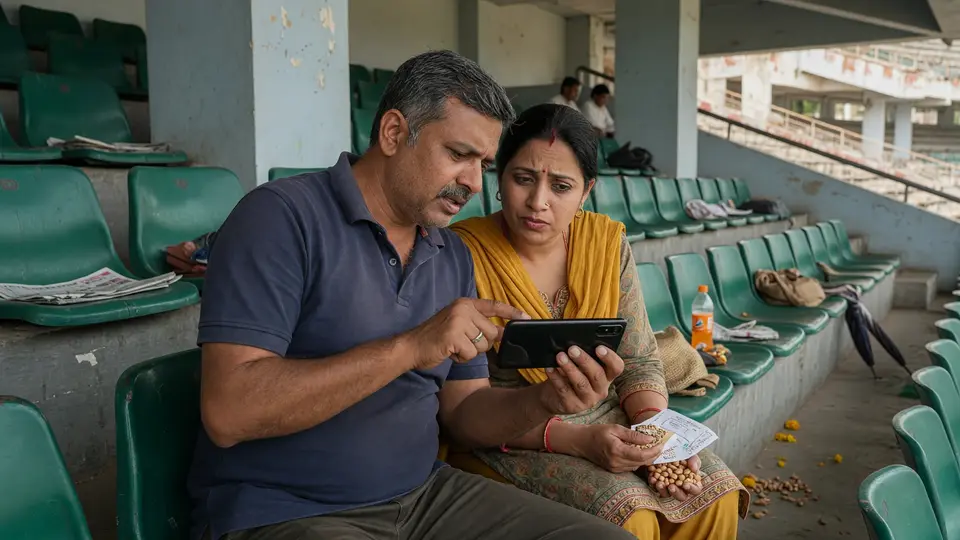 Two adult Indian cricket spectators consulting one unbranded smartphone in shaded seating before play