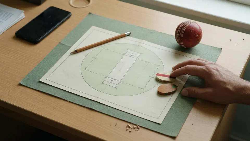 Tidy cricket selection desk with printed field diagram and blank smartphone