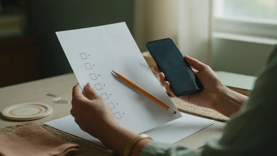 Adult reading a published referral terms note beside a coffee cup